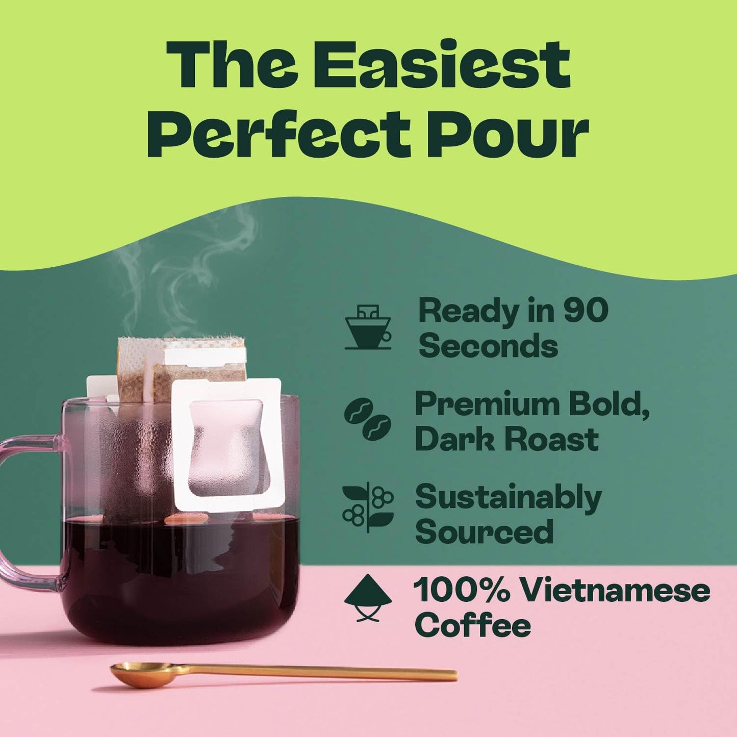 Copper Cow Coffee Premium Pour Over Coffee Decaf Single Serve Dark Roast | 8ct Decaf pour over pouches with rich, bold, low acid coffee. Travel friendly—tear, hang, pour hot water, enjoy anywhere