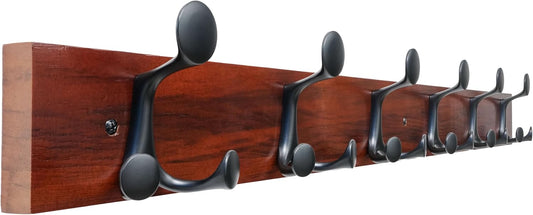 SKOLOO 36-Inch Cherry Wood Coat Rack Wall Mount with 6 Triple Hooks - Ideal for Family Entrances, Classrooms, and Pet
