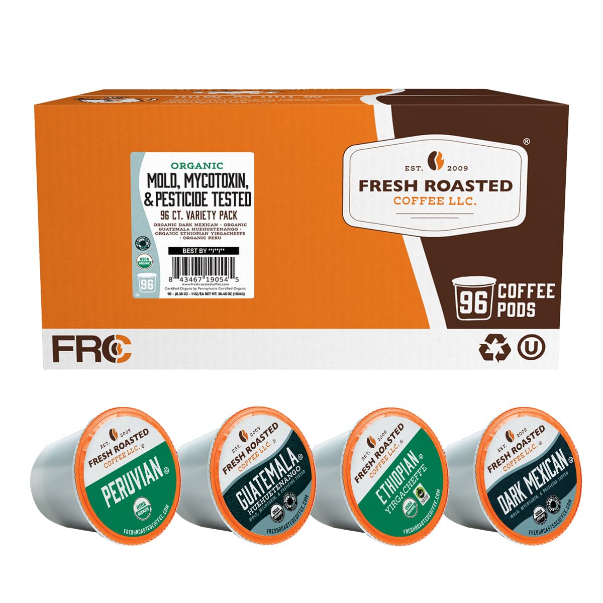 Fresh Roasted Coffee, Organic Mold &amp; Mycotoxin Tested Variety Pack K-Cup Pods for Keurig Brewers, Medium Roast, USDA Organic, Kosher, 96 Count Loose Pack