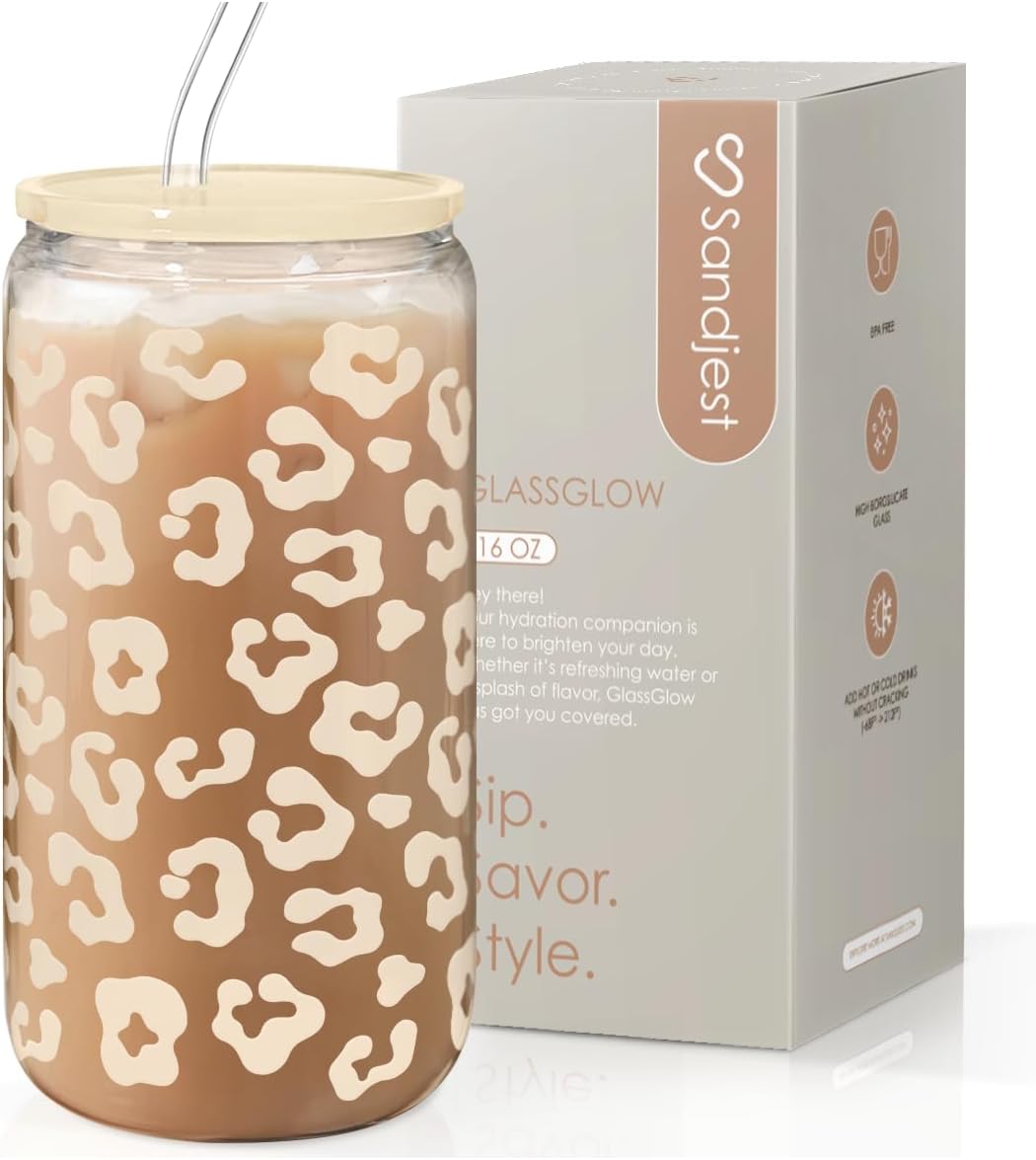 SANDJEST Leopard Glass Can, Beige Leopard Print Cup with Lid &amp; Straw, Iced Coffee Aesthetic Cups, Gift for Christmas Birthday Mother Day, Gifts for Women, 16oz