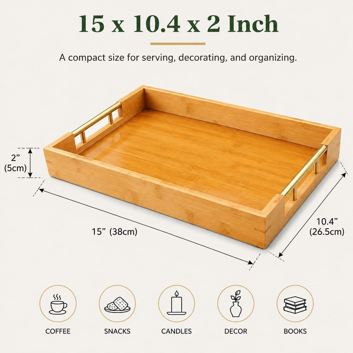 Bamboo Serving Tray, Wooden Tray with Gold Handles, 15L x10W x2H in | Deep Serving Tray, Decorative Tray, Rectangular Wood Tray, Coffee Table Tray, for Ottoman, Kitchen, Bedroom, Lap &amp; Couch