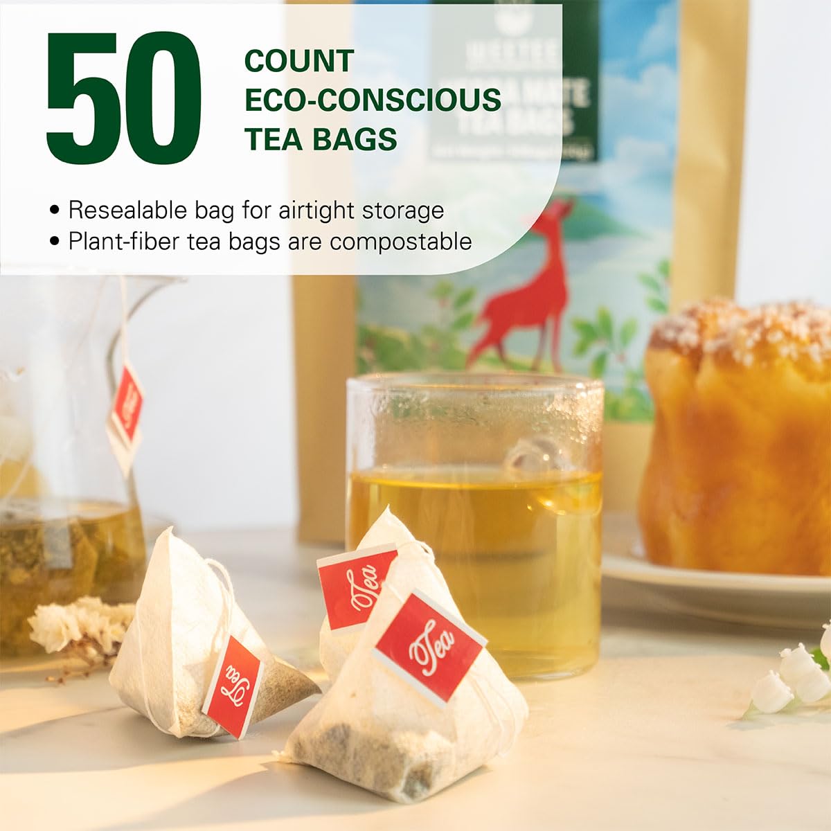 WT WEETEE Yerba Mate Tea Bags 50 Count, Unsmoked, Corn Fiber Pyramid Bags | 100% Natural Yerba Mate from Argentina | Smooth, Robust &amp; Balanced Flavor Perfect Coffee Replacement, Hot or Iced