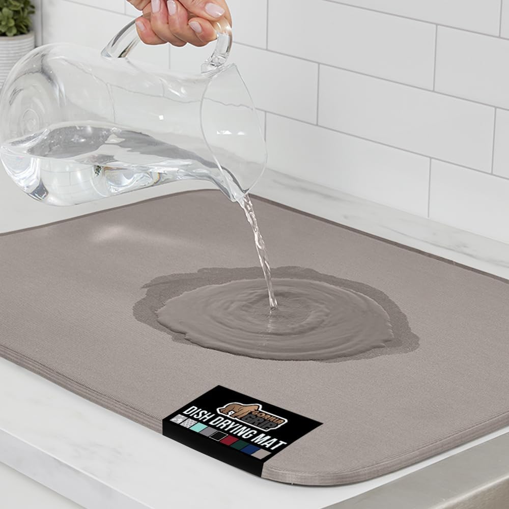 GORILLA GRIP Ultra Water Absorbent Microfiber Dish Drying Mat, Quick Dry Thick Mesh, Slip Resistant Pad for Sink Dishes or Under Rack, Kitchen Counter Accessories, 16x18, Machine Wash Mats, Almond