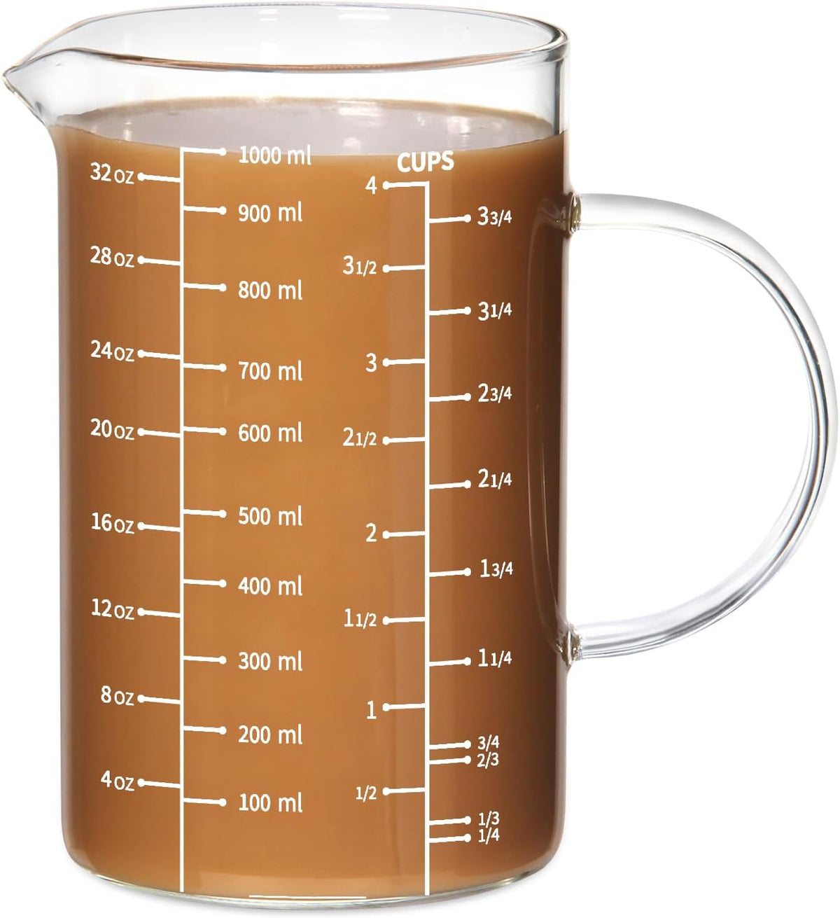 77L 4 Cup Glass Measuring Cup, [Insulated handle, V-Shaped Spout], High Borosilicate Glass Measuring Cup for Kitchen or Restaurant, Easy To Read, 1000 ML (1 Liter, 4 Cup)