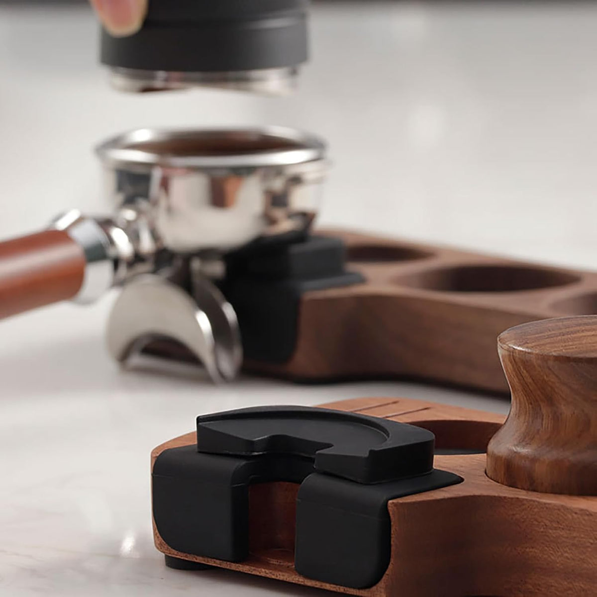 Joyeee Wooden Espresso Tamping Station, Portafilter Tamping Stand Espresso Coffee Organizer Box Fit for Storage 51, 53, 58MM Espresso Tamper Mat Portafilter Holder, (Accessories not included)