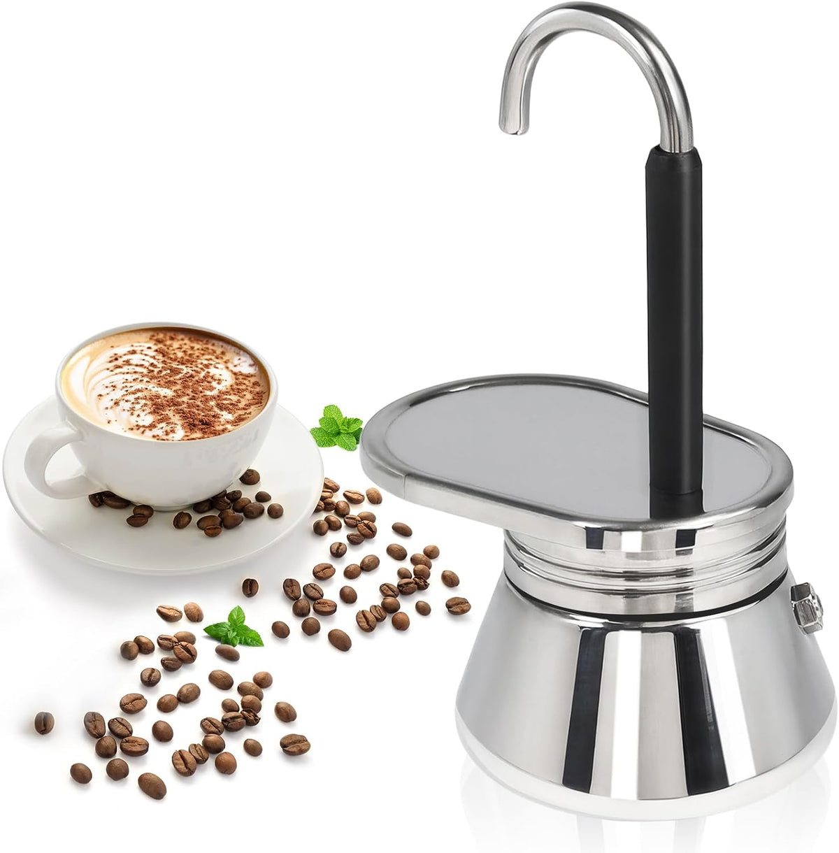 Uncoated 1 Cup Single Tube Moka Pot 304 Thickened Stainless Steel | Mini Coffee Maker Stovetop Espresso Coffeemaker Italian Classic Style Brewing Greca Cafe Machine for Camping Travel Home 90ml