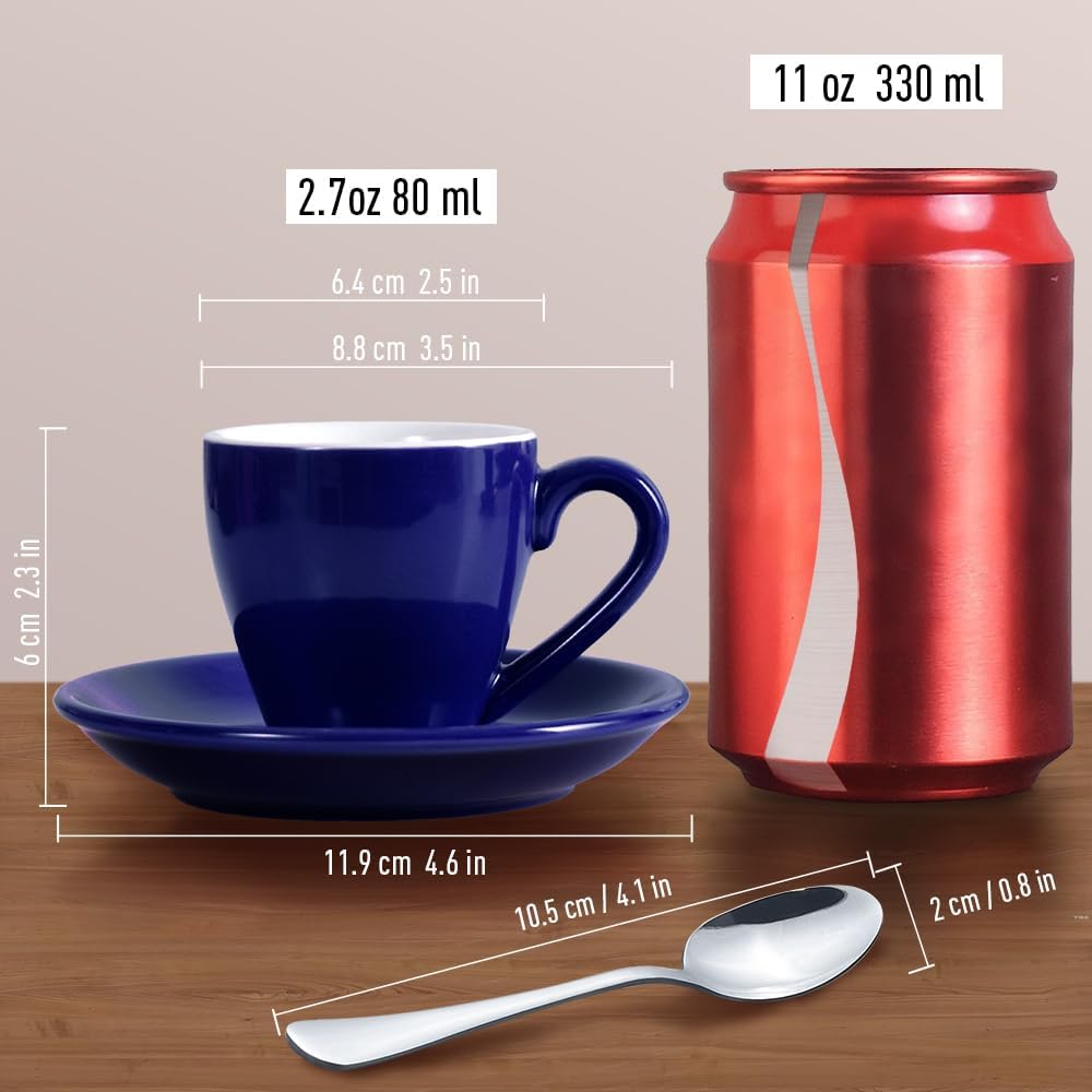 homEdge Porcelain Espresso Shot Cup Set with Saucers and Stainless Steel Spoons - 80 ml / 2.67 oz, Set of 4, Navy