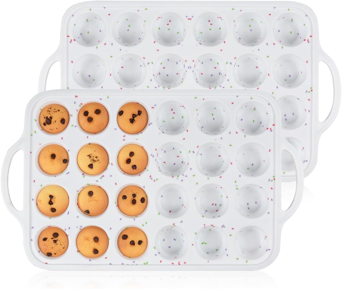 Mini Muffin Pan, Metal Reinforced Frame Mini Cupcake Pans 24 Cups Nonstick Muffin Silicone Molds with Handle for Baking Muffins, Cupcakes, Egg Bites 2 Pack
