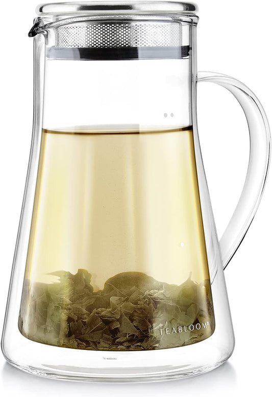 Teabloom Insulated Teapot Keeps Tea Hot – Tea Maker For Two (24 oz) – Double Wall Heatproof Glass Tea Steeper with Stainless