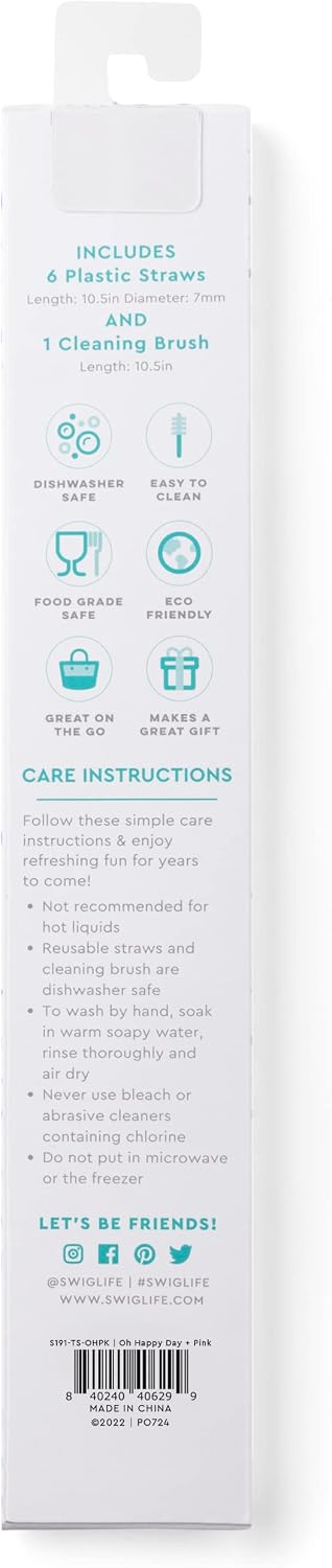 Swig Life Reusable Straw Set with Cleaning Brush, Oh Happy Day + Pink | Reusable Straw Set - Cleaning Brush Included - 14 Inch Long - Accessories for Cups &amp; Mugs
