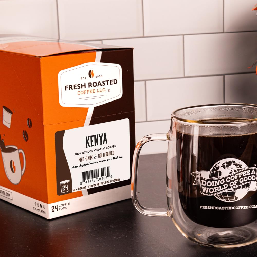 Fresh Roasted Coffee, Kenya K-Cup Pods for Keurig Brewers, Med-Dark Roast, Kosher, 24 Count (Pack of 1)
