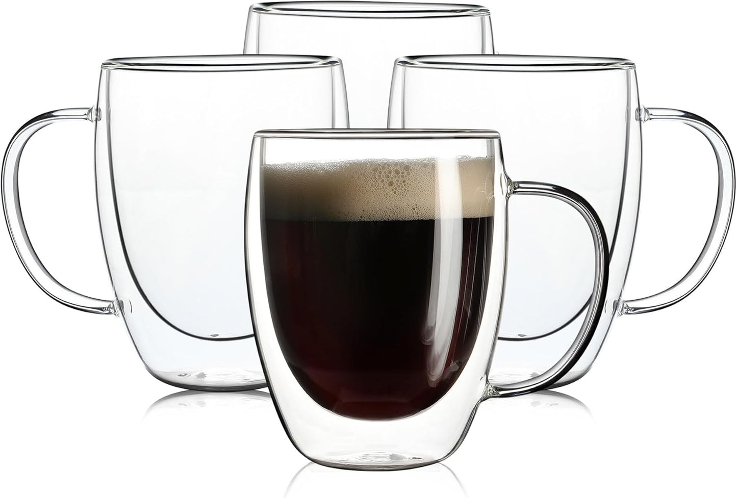 Aurzen 4 Pack Double Walled Glass Coffee Mugs with Handles, Large Insulated Layer Coffee Cups, Clear