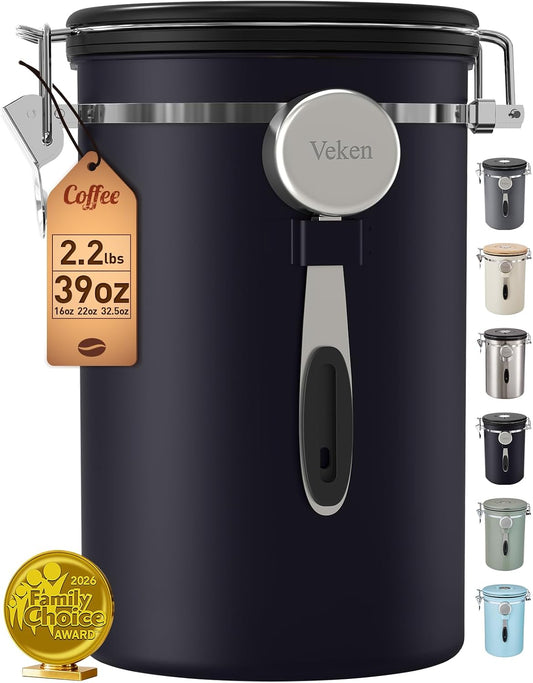 Veken Coffee Canister,39OZ, 2.2lbs,Large Airtight Stainless Steel Container