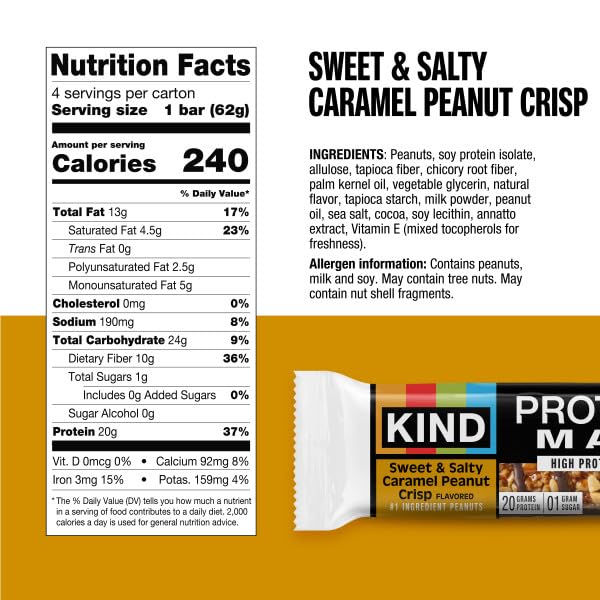 KIND Protein MAX Bars Variety Pack, Gluten Free, Low Sugar, High Fiber Snacks, Sweet &amp; Salty Caramel Peanut Crisp, Crispy Chocolate Peanut Butter, 20g Protein, 12 Count