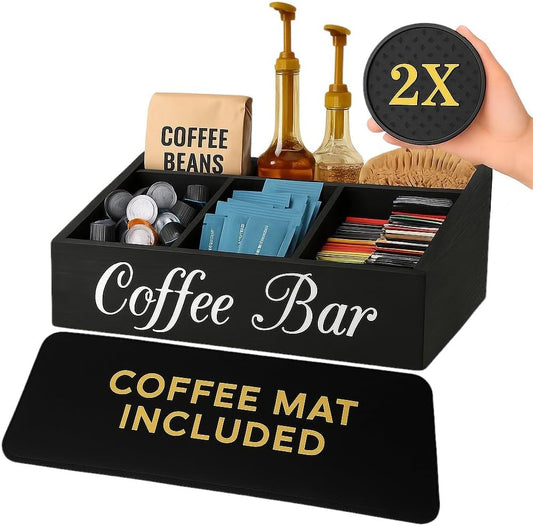Barista Emperor® SUPER PACK Coffee Bar Organizer for Countertop, Silicone Mat and 2X Silicone Coasters - Tea Organizer