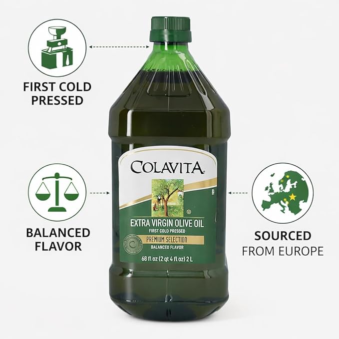 Premium Selection Extra Virgin Olive Oil, 68 Oz - First Cold Pressed, Ideal for Roasting, Baking, Dressings - Imported from Italy by Colavita