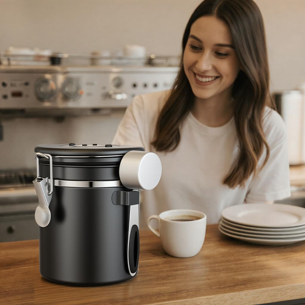 ShanSon Coffee Canister Airtight, Stainless Steel Bean Storage Container with Date Tracker &amp; Scoop, Grounds Sugar Flour Tea Cereal Fits Kitchen Pantry, Ideal Gift for Coffee Lovers,16oz, Black