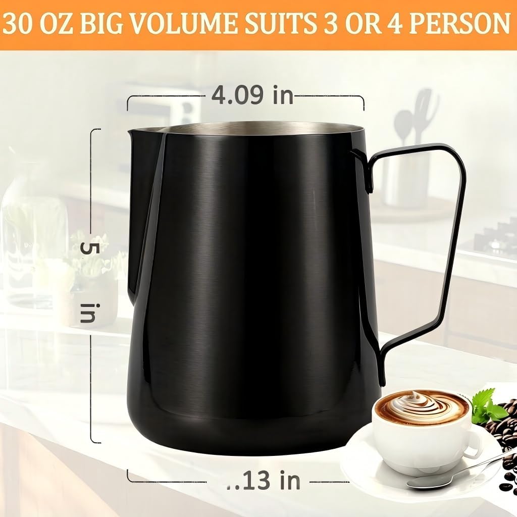 Large Milk Frothing Pitcher 32oz/900ml, Stainless Steel Milk Frother Cup For Home, Office &amp; Kitchen Used-Black