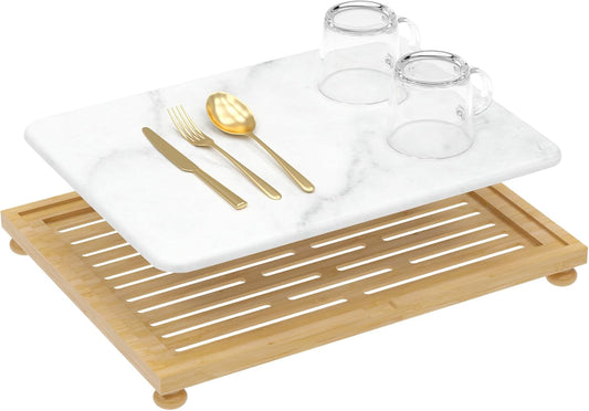Golener Stone Drying Mat for Kitchen Counter, Dish Drying Pad with Bamboo Rack, Super Absorbent Diatomaceous Earth and