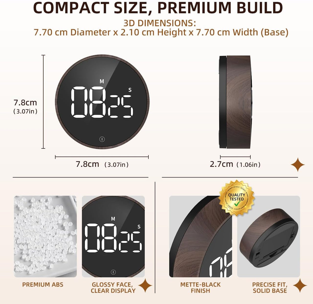 Digital Magnetic Kitchen Timer &amp; Stopwatch with LED Display, Woodgrain | Up to 99:55 Countdown &amp; Count Up , Easy Twist Control, Adjustable Volume &amp; Brightness, Magnetic Back, Battery Powered