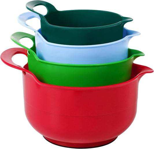 BoxedHome 4 Pack Nesting Mixing Bowl Christmas Set with Pour Spout and Handle, BPA free Microwave & Dishwasher