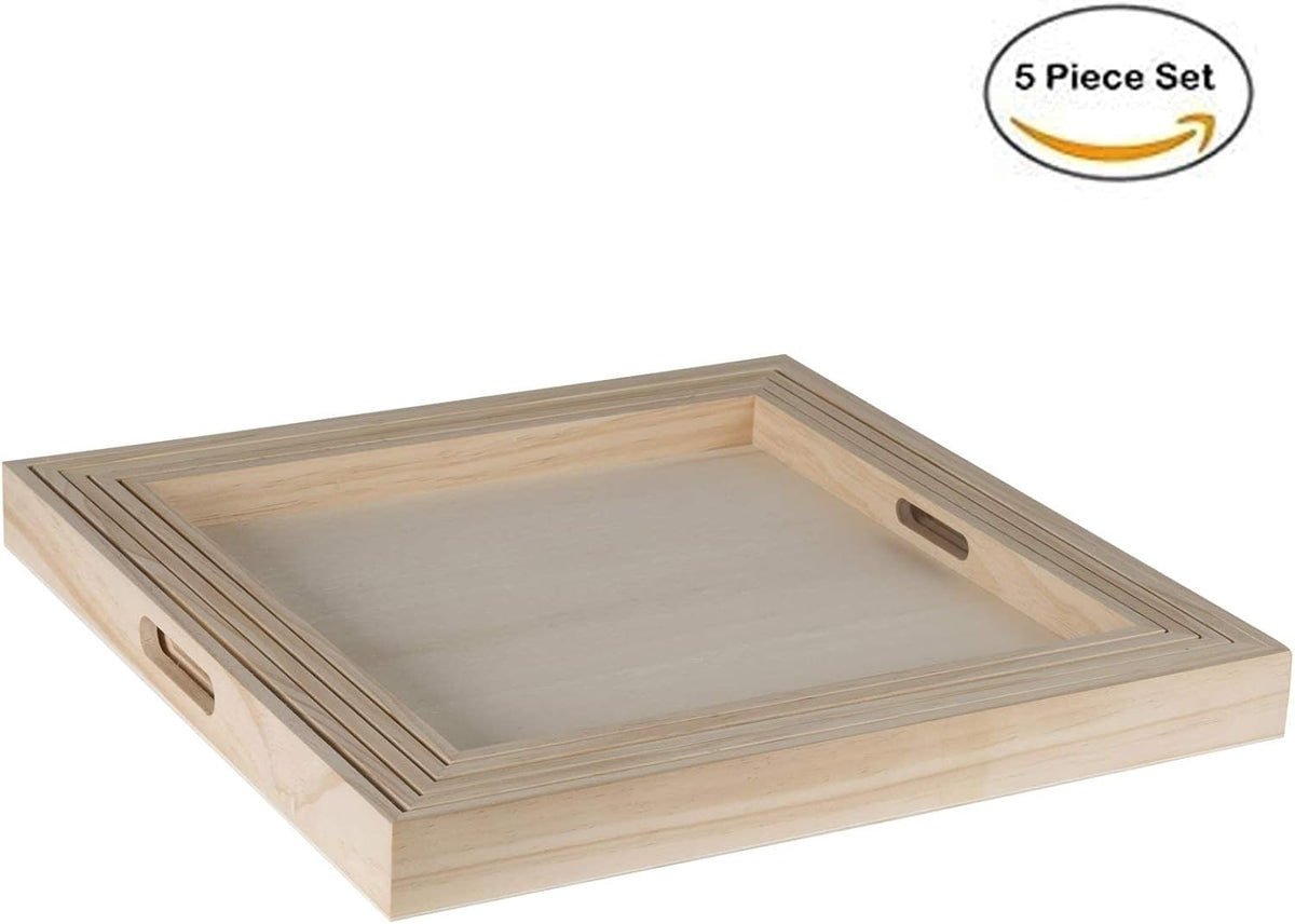 Hammont Wooden Square Trays - Five Piece Nested Serving &amp; Organizing Trays - Rustic Brown Solid Wood - Set of 5 (16x16x1.5", 15.3x15.3x1.5", 14.5x14.5x1.4", 13.75x13.75x1.25", 13x13x1.1")