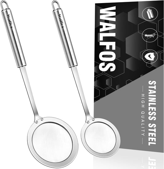 Walfos Skimmer Spoon, Stainless Steel Fine Mesh Strainer,Foam Strainer Oil Filter,Ultra Fine Mesh Strainer Perfect For Separation Of The Floating Foam,Fat,Set fo 2