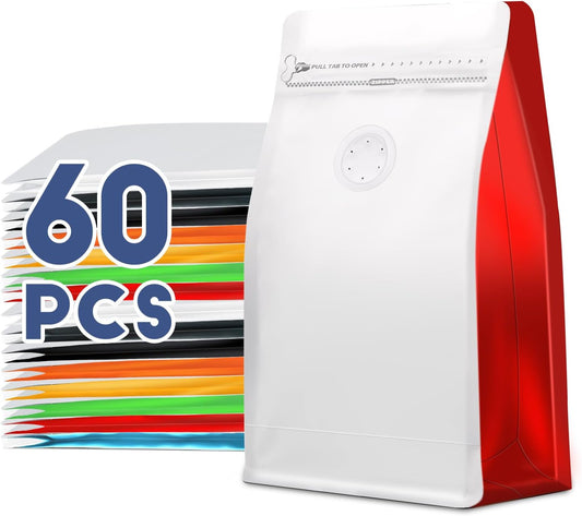 Coffee Bags with Valve(60pcs,8 oz,1/2 lb) Vented Coffee Beans Packaging Bags High Barrier Aluminumed Foil Flat Bottom Heat