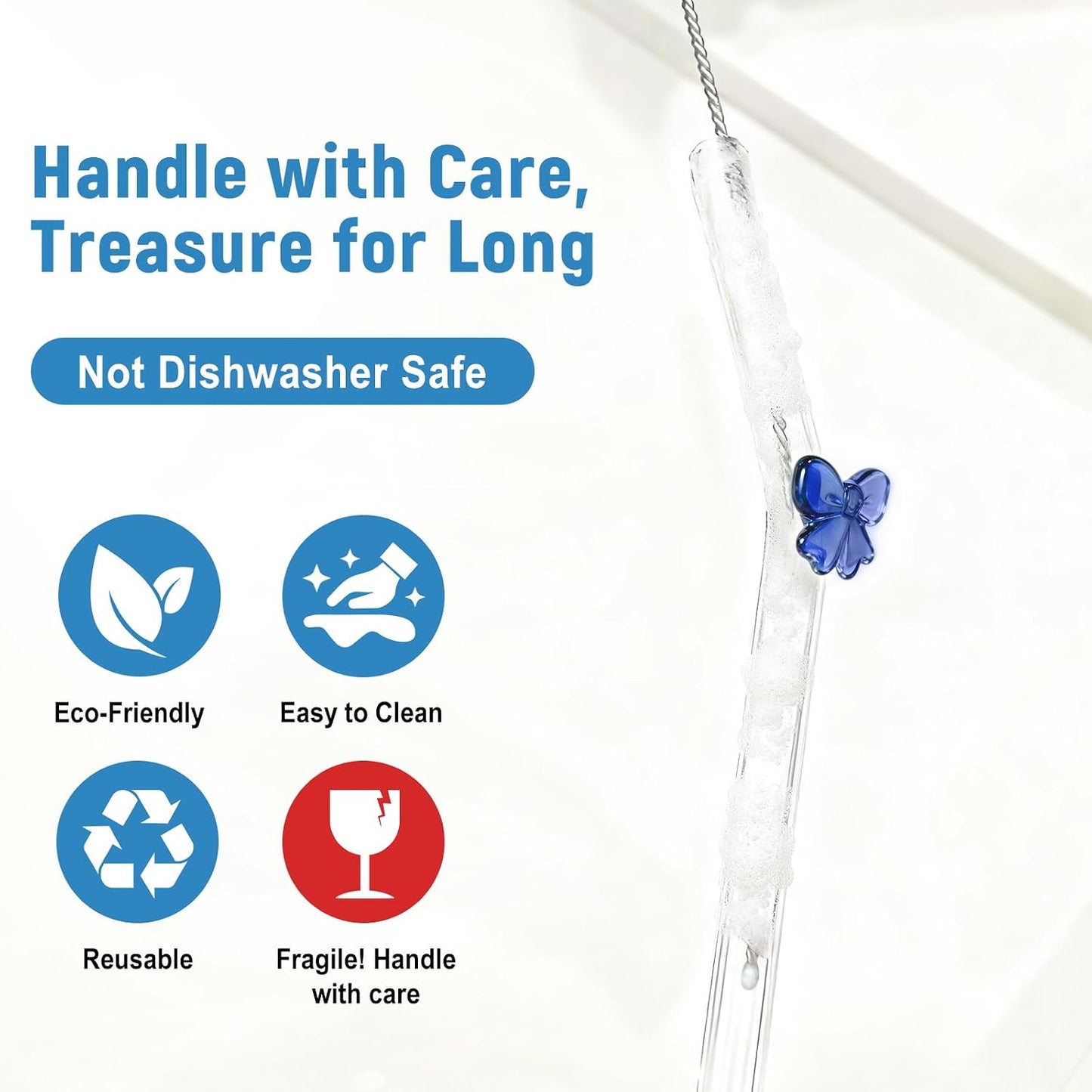8 Pack Blue Bow Glass Straws with Charms, 9inch 8mm Bent Borosilicate straw | Blue bow details bring a clean coastal-preppy accent to iced coffee and brunch, drinking straws for a calm, coordinated setup
