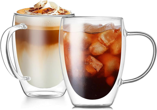 12OZ Double Wall Glass Cups With Handle, Large Glass Mugs Espresso Cups Set of 2, 330ML Clear Coffee Cup, Double Wall