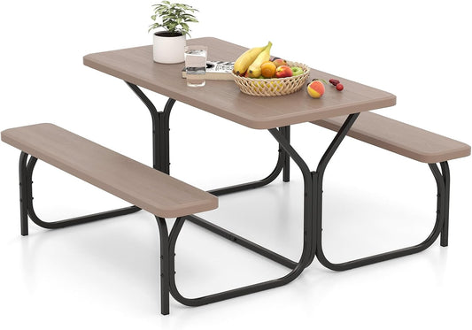 Giantex Picnic Table Bench Set Outdoor Camping All Weather Metal Base Wood-Like Texture Backyard Poolside Dining Party G