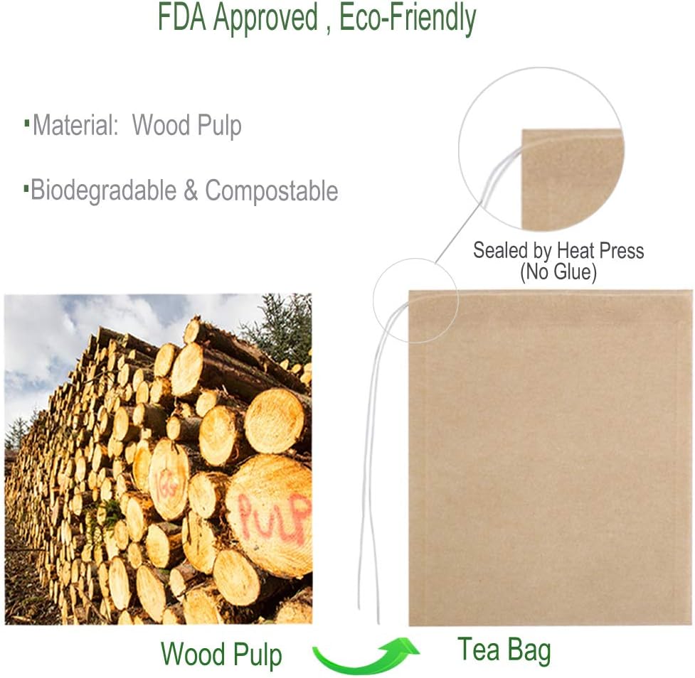 Aksuaple Eco-Fil Disposable Tea Filter Bags for Loose Tea, Wood Pulp Material, Biodegradable and Compostable, Unbleached Empty Tea Infuser Sachets with Drawstring, 100 Pack (3.2inch x 4.0inch) | Wood Pulp Material, Biodegradable and Compostable, Unbleache