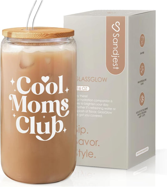 SANDJEST Mom Glass Can, Cool Mom Club Cup with Lid & Straw, Iced Coffee Aesthetic Cups, Idea Gift for Christmas Birthday