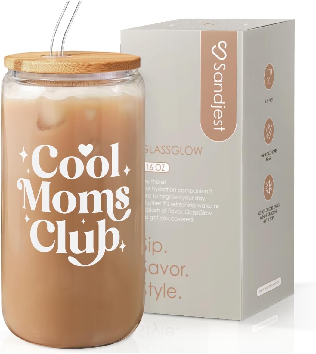 SANDJEST Mom Glass Can, Cool Mom Club Cup with Lid &amp; Straw, Iced Coffee Aesthetic Cups, Idea Gift for Christmas Birthday Mother Day, Gifts for Women, 16oz