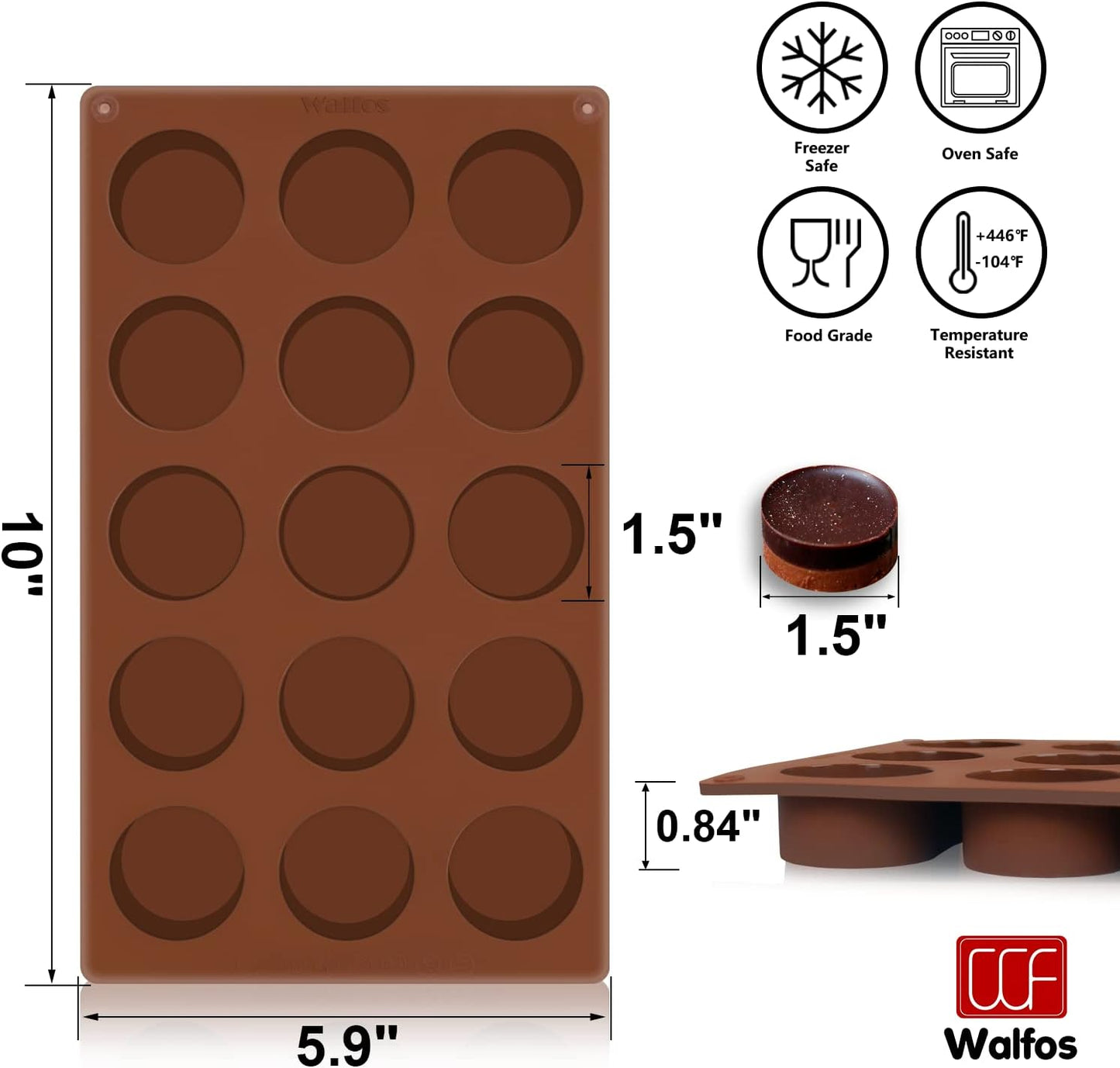 Silicone Fat Bomb Molds, Walfos Silicone Candy Mold, 15 Cavity Round Mold -Perfect for Keto Fat Bomb, Jelly, Dark Chocolate, Mini Peanut Butter Cup, 2 Packs