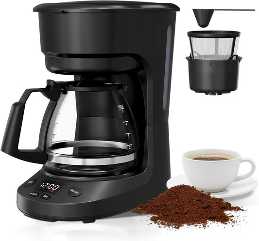 5-Cup Drip Coffee Maker with 24h Programmable Timer, Compact Coffee Machine with Food-grade Glass Carafe, 2h Keep Warm with