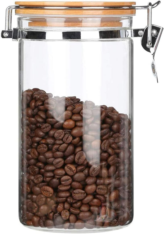 KKC Clear Borosilicate Glass Food Storage Jar Canister Container with Airtight Locking Clamp Bamboo Lid,Coffee Bean,Loose