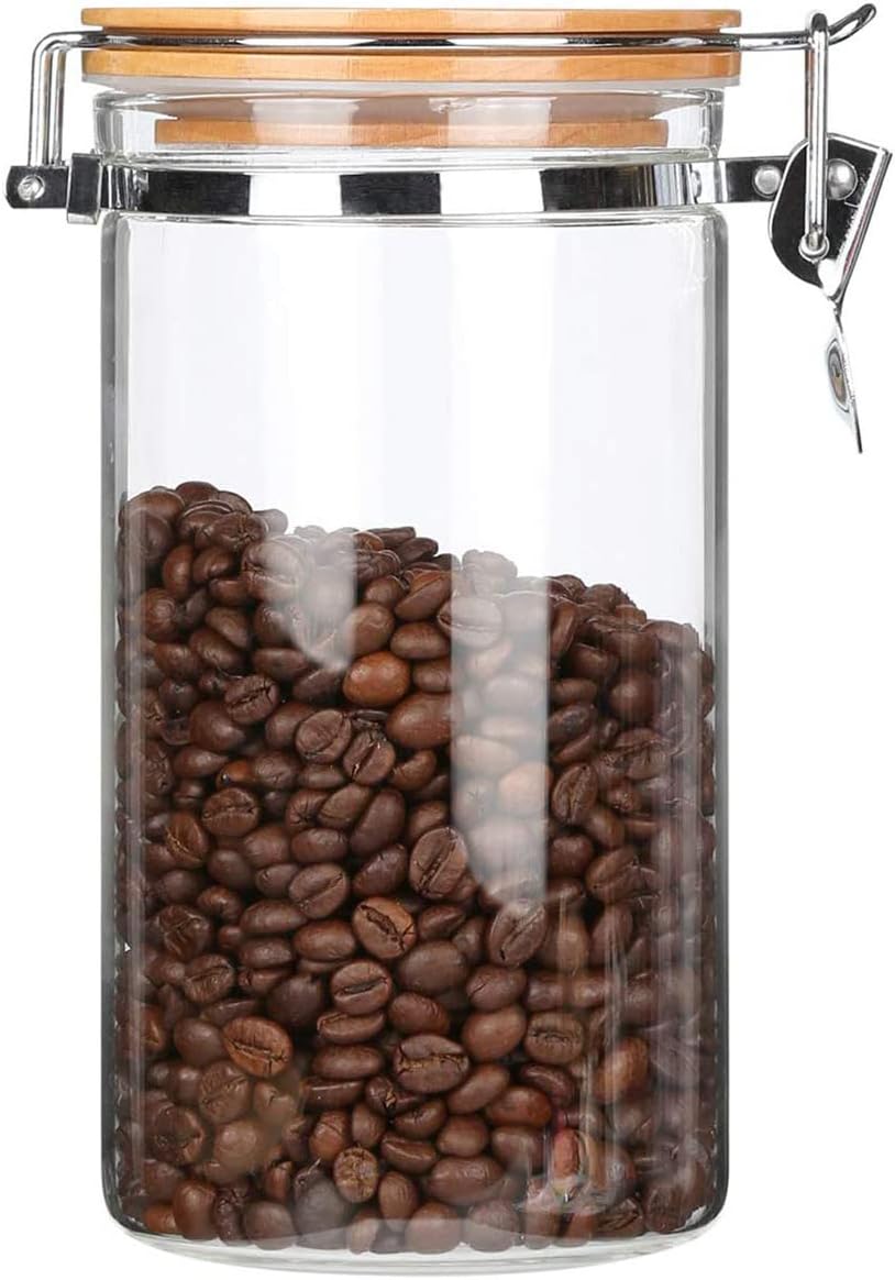 KKC HOME ACCENTS 40 oz Glass Coffee Container (Holds 1 lb Coffee Beans) with Airtight Bamboo Lid - Clear Coffee Jar Canister for Grounds Storage, Aesthetic Kitchen Counter Decor