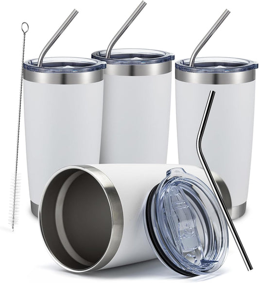 COMOOO 20oz White Tumbler Bulk with Straw Stainless Steel Insulated Coffee Tumbler Cups Double Wall Vacuum Travel Coffee Mug