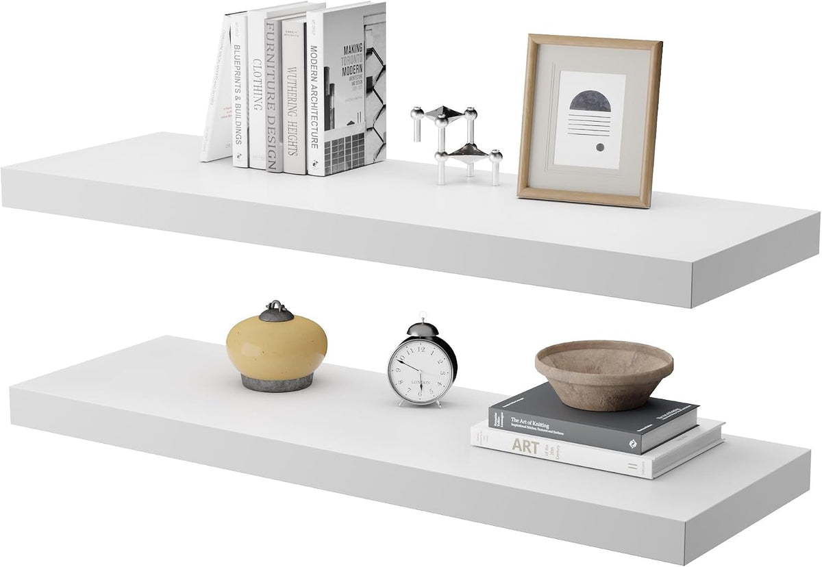 Floating Shelf, Set of 2 Wall Shelf, 24 in W x 10 in D x 1 in H Wooden Floating Wall Shelf with Invisible Brackets for Living Room/Bedroom/Bathroom/Kitchen Storage and Decor, White