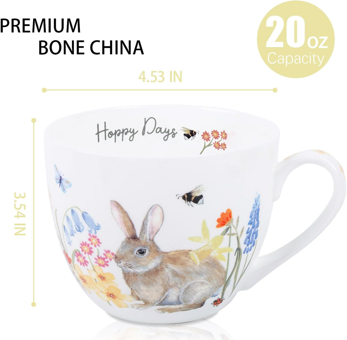 20 oz Bunny Coffee Mug with Spring Flowers & Happy Days Slogan