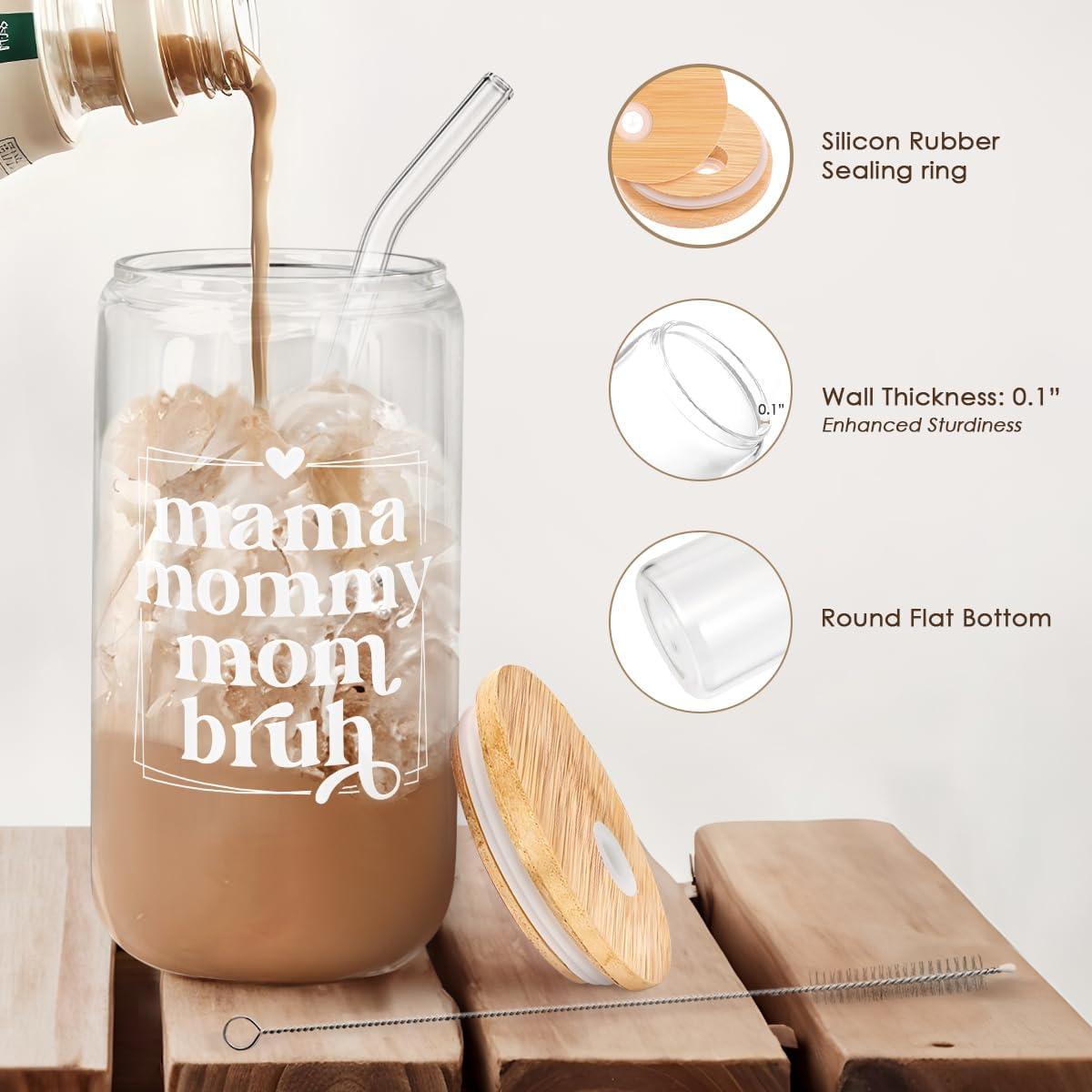 SANDJEST Mother Glass Can, Mama Mommy Mom Bruh Cup with Lid &amp; Straw, Iced Coffee Aesthetic Cups, Idea Gift for Christmas Birthday Mother Day, Gifts for Women, 16oz