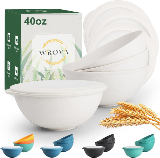 alternative plastic bowl set with lids,unbreakable wheat straw bowls 40oz suitable for indoors and outdoors,overnight foods