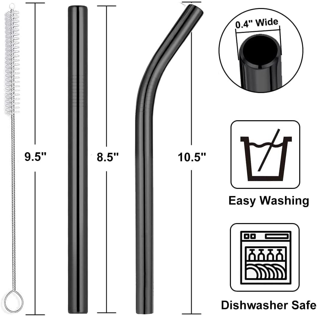Vinaco 6 Pack Black 0.4" Wide Bore Reusable Stainless Steel Smoothie Straws