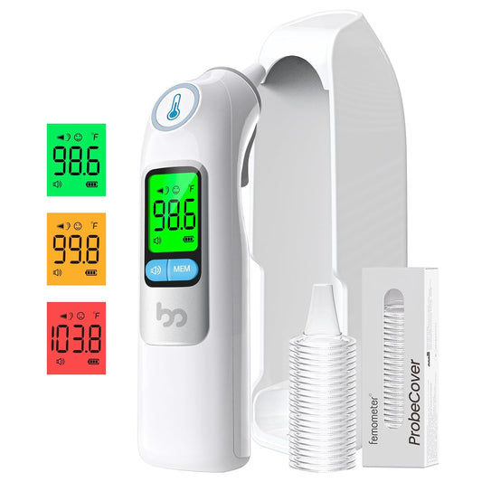 femometer Infrared Ear Thermometer for Adults & Kids, Highly Accurate, 1s Result, 30 Memory Recall, 3-Color Fever Alarm,