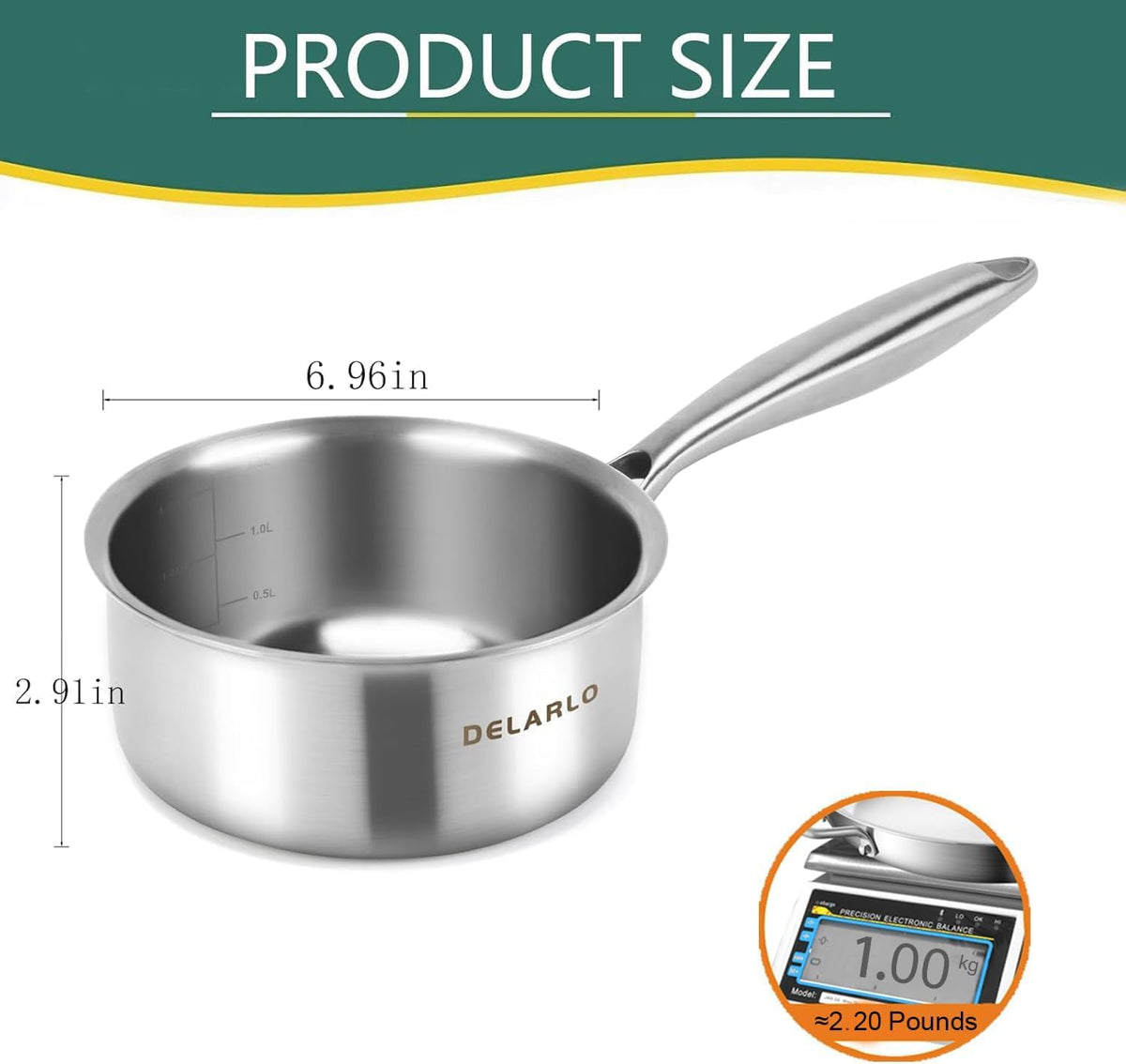 DELARLO Tri-Ply Stainless Steel Induction Saucepan, 1.5 QT with Lid, All Stove Compatible 600, Small Pots for Cooking, Heavy Duty Saucier, Dishwasher Safe