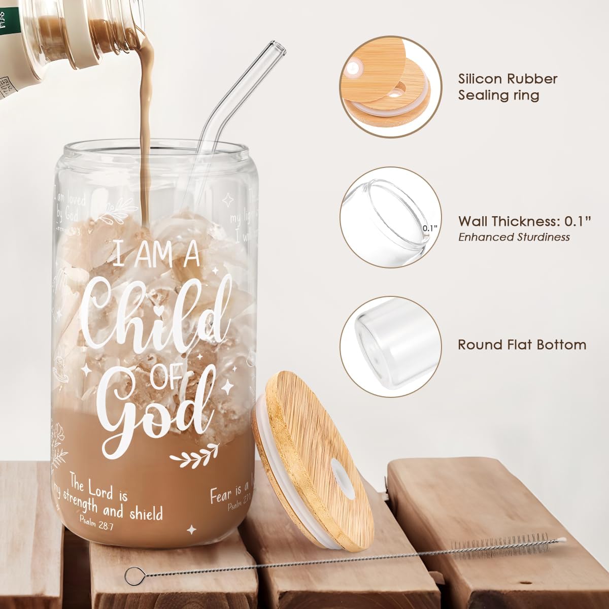 SANDJEST Christian Glass Can, I am Child of God Cup with Lid &amp; Straw, Iced Coffee Aesthetic Cups, Idea Gift for Christmas Birthday, Gifts for Women, 16oz