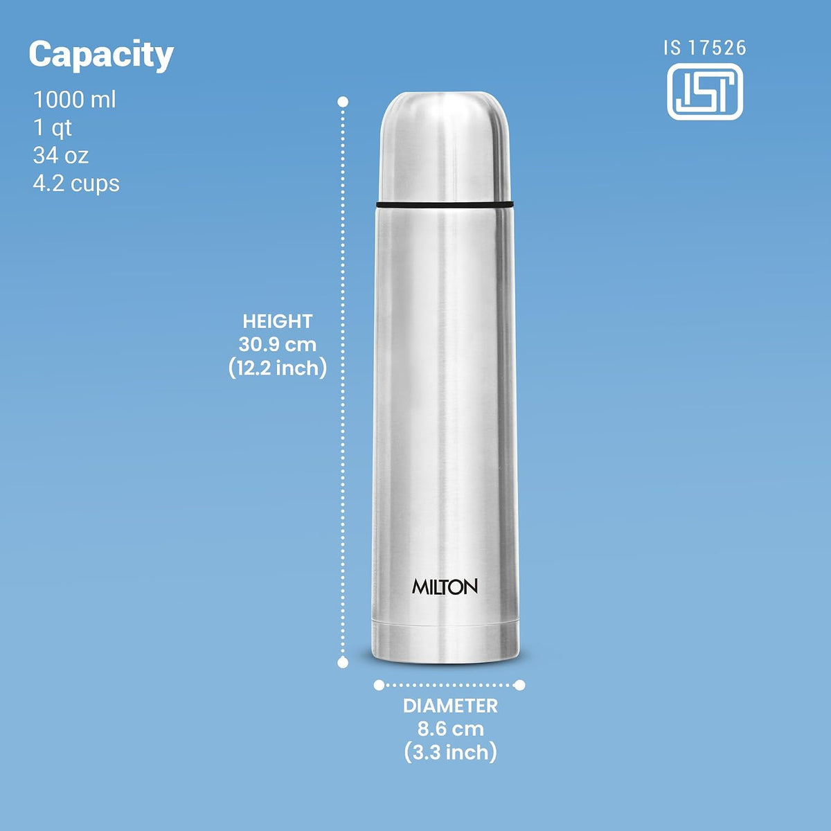 Milton Flask 34 oz Insulated Water Bottle with Cover, Flip Lid, Thermosteel