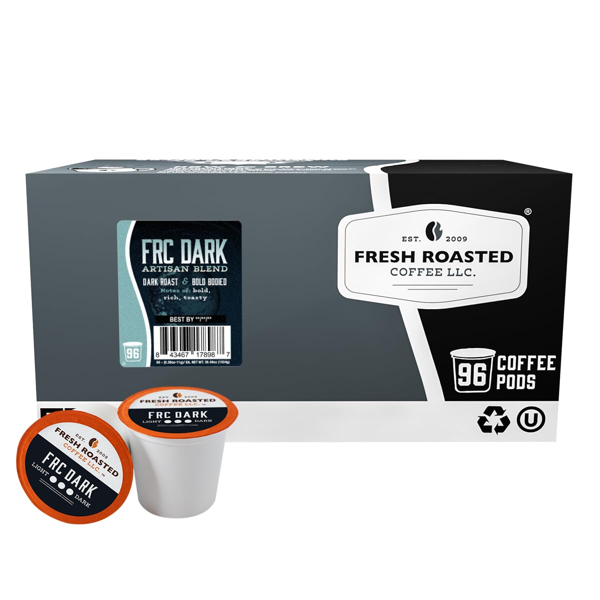 Fresh Roasted Coffee, FRC K-Cup Pods for Keurig Brewers, Dark Roast, Kosher, 96 Count Loose Pack