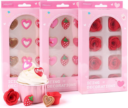 Edible Valentine Icing Decoration, Red Rose Icing Decoration, Royal Icing Heart Sprinkle, Strawberries Sugars Sprinkles for